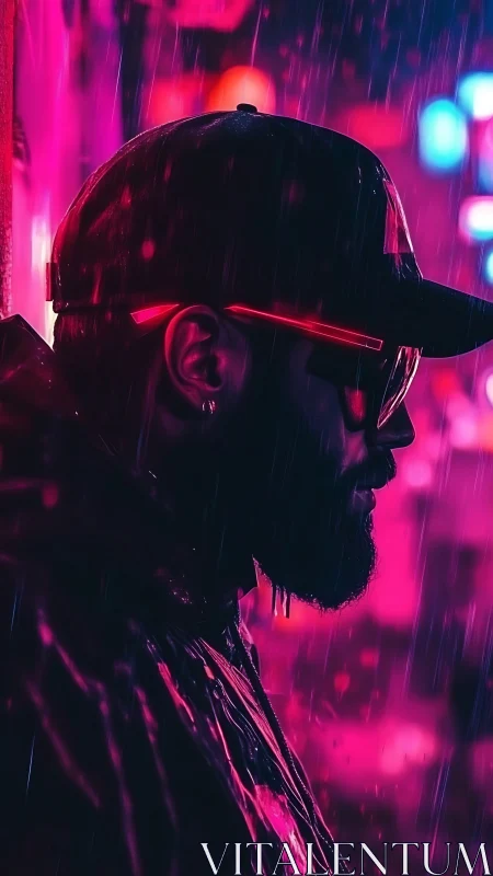 Neon lit man in profile under rain in urban night scene.