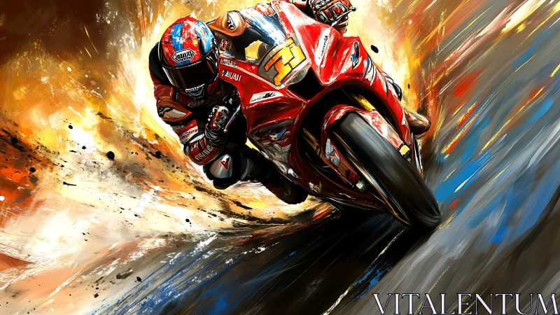 Red superbike slicing through a storm of molten color.