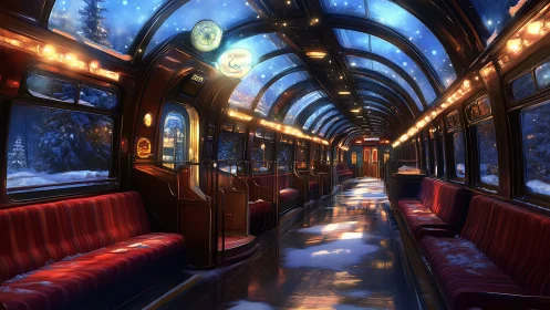 Snowlit panoramic train interior renders immersive winter journey