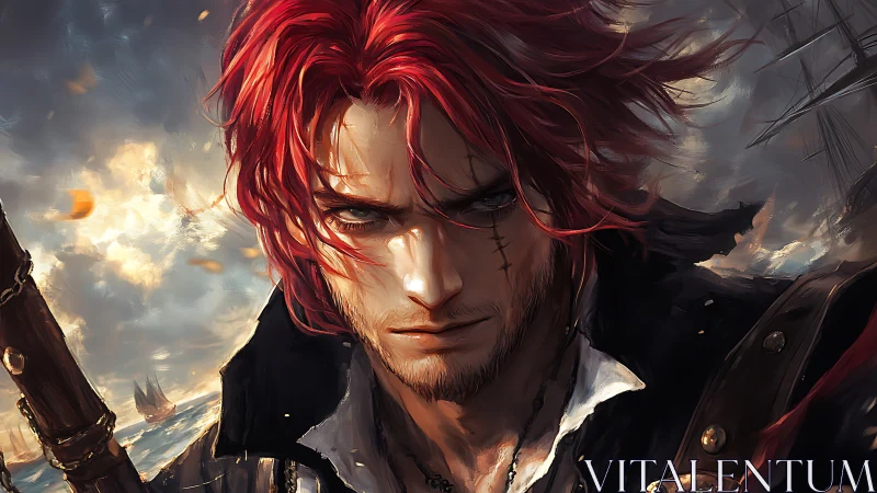 Red haired seafaring swordsman portrait in stormy setting.