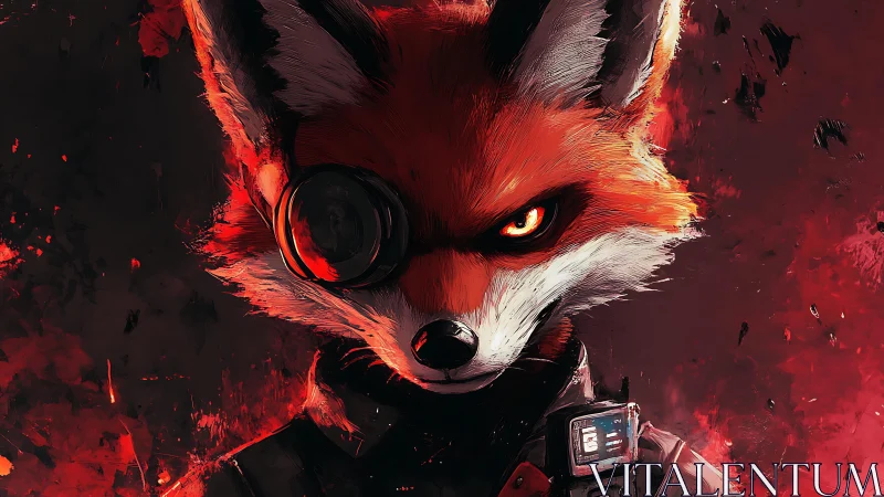 Cybernetic fox soldier stares forward in blazing red void