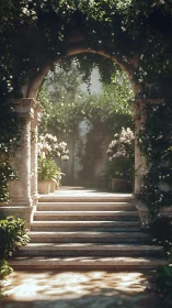 Stone garden archway with steps and dense climbing plants.