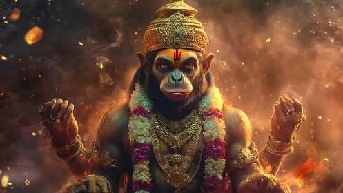 Regal monkey deity in burning cosmic haze portrait.
