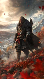 Mountain leaves crown the wandering warrior between seasons