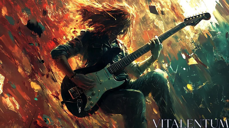 Electric guitarist amid kinetic abstraction and chromatic turbulence.