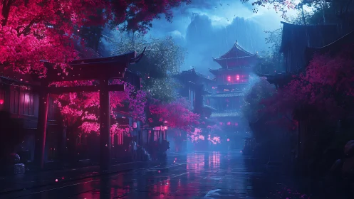 Neon-lit temple street is depicted under rainfall at night