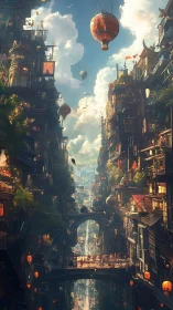 Sky lanterns drift above a towering neon canal cityscape