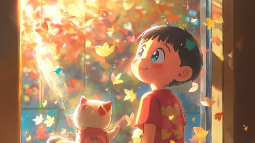 Boy and cat watch glowing autumn leaves in doorway light