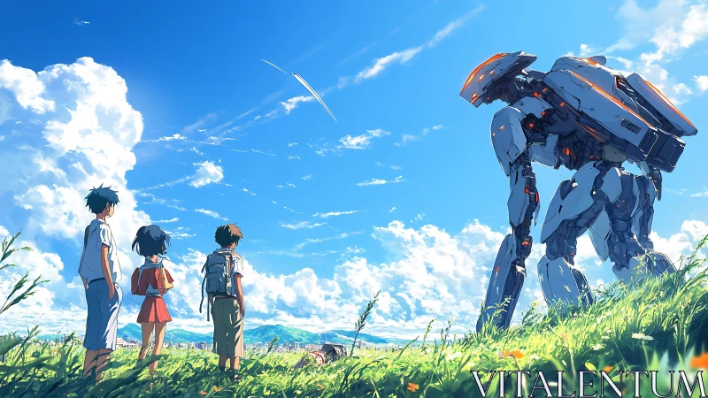 Children confront a towering mecha under a bright summer sky