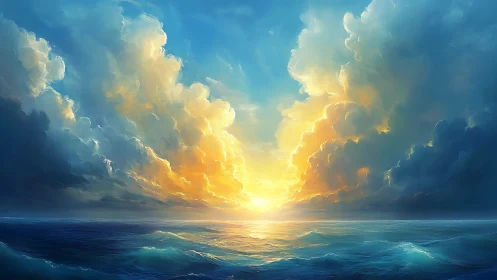 Radiant oceanic horizon under volumetric cumulonimbus sunset.