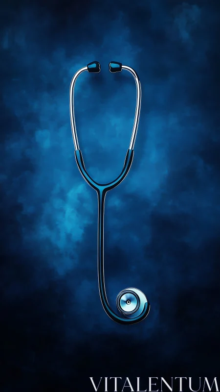 Minimalist chrome stethoscope on luminous blue haze background.