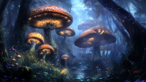 Luminous giant mushrooms ignite a twilight enchanted forest.