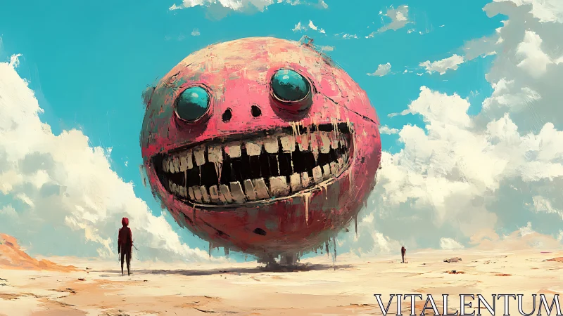Colossal corroded smile-sphere stalking a desolate desert.