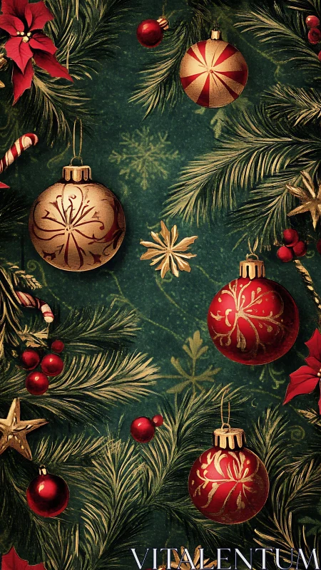 Vintage red and gold Christmas baubles amid pine boughs.