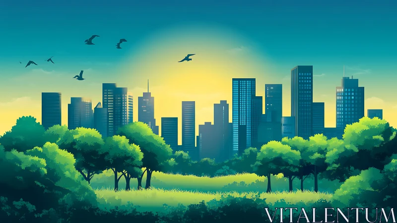 Urban skyline with foreground parkland under sunrise light.