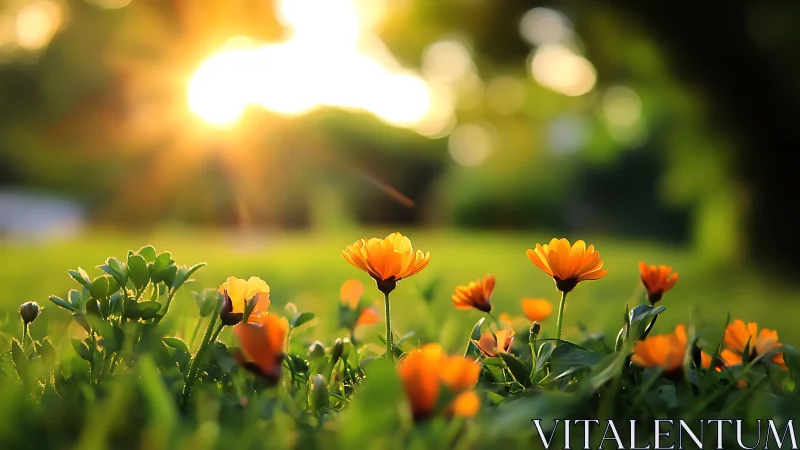 Orange wildflowers glow under warm sunset backlight