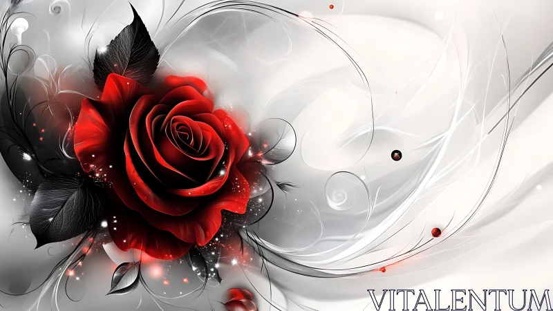 Crimson Rose with Black Foliage: Digital Floral Composition.