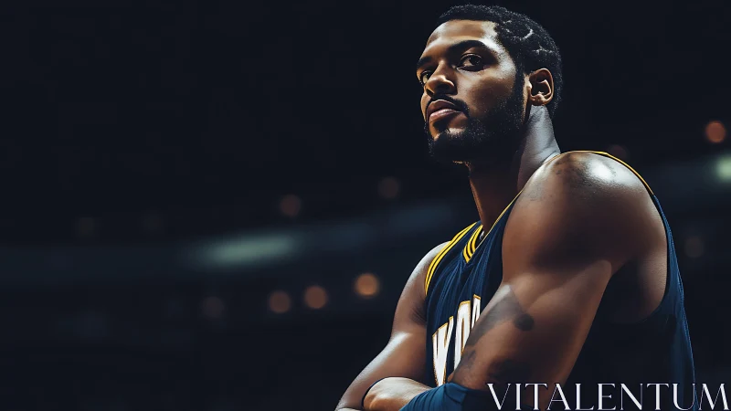 Confident basketball player on court under arena lights.