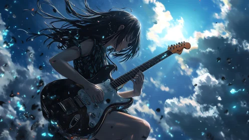 Guitarist silhouette ignites the sky with soaring blue energy