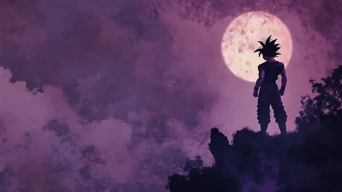 Lone spiky warrior greeting a violet moonlit horizon.
