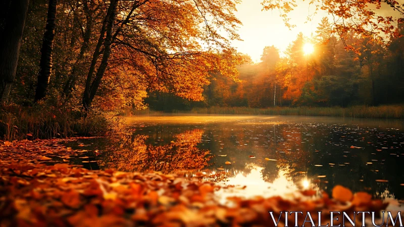 Calm autumn forest lake under warm golden sunset light.