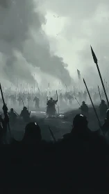 Monochrome spear phalanx advances through dense battlefield fog
