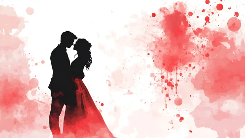 Romantic Silhouette Kiss Against Watercolor Wash Background.