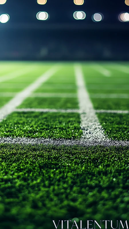 Night stadium turf field with bright yard lines in focus.