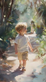 Sunlit Explorer: Child Wanders Through Dappled Garden Corridors.