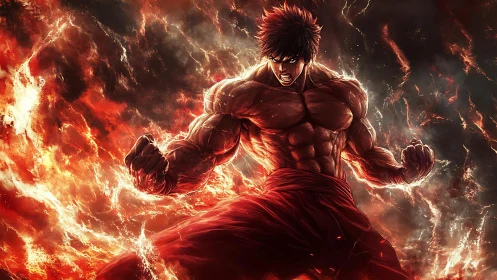 Hyper-muscular anime fighter emerging from dynamic fire vortex