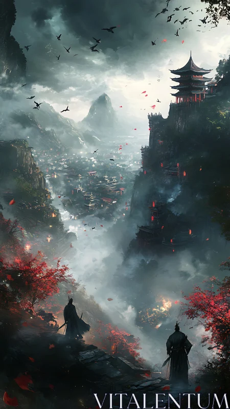 Warriors survey misty mountain city beneath storm clouds.