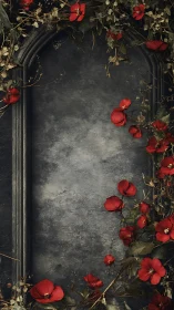 Gothic stone arch frames vivid red flowers in bloom.