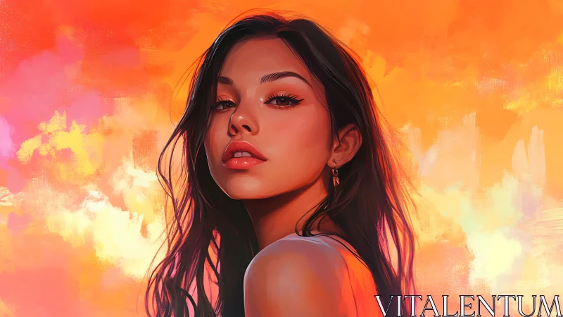 Portrait of young woman against vivid orange painted sky