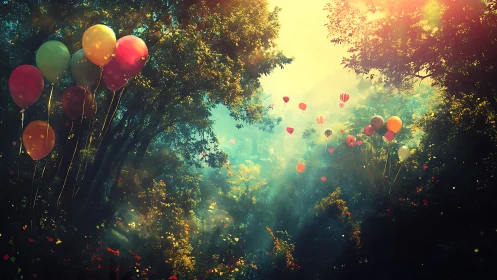 Whimsical Forest Dreams: Colorful Balloons Float Through Enchanted Trees