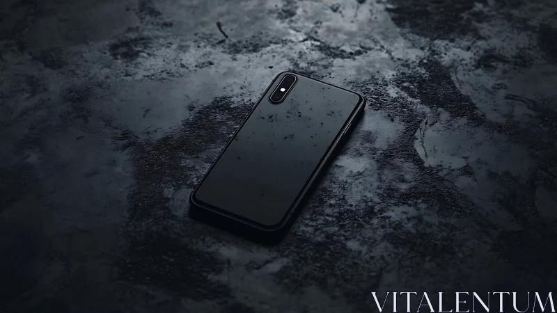Glossy black smartphone on textured dark concrete surface