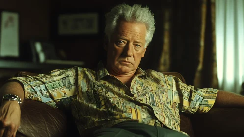 Older man sits on leather sofa in dim interior environment