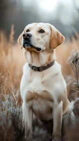 Photorealistic portrait of a Labrador in muted field tones.