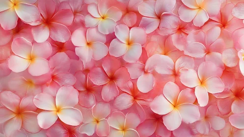 Pink and coral plumeria flowers densely arranged with delicate petals
