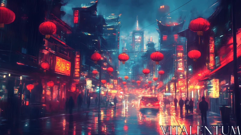 Red lantern lights welcome night strolls through neon rain