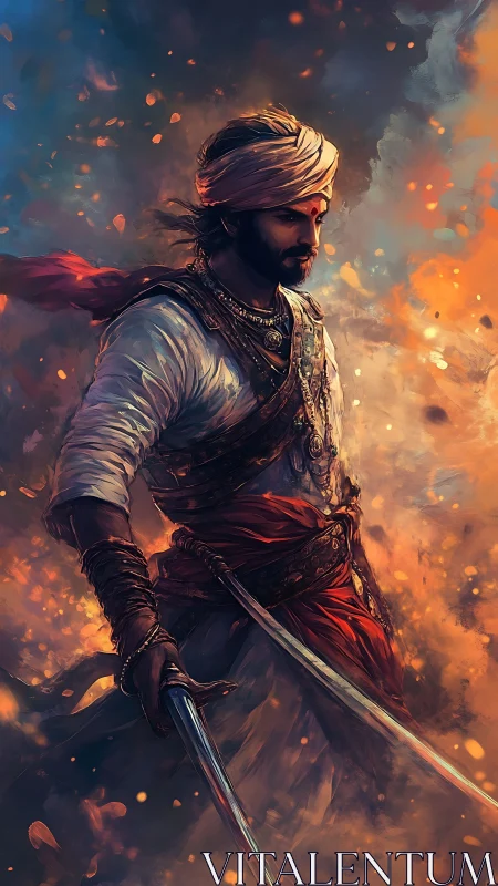 Warrior in ember-lit storm with twin blades and red sash.