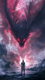 Warrior confronts vast red spectral dragon in void storm.