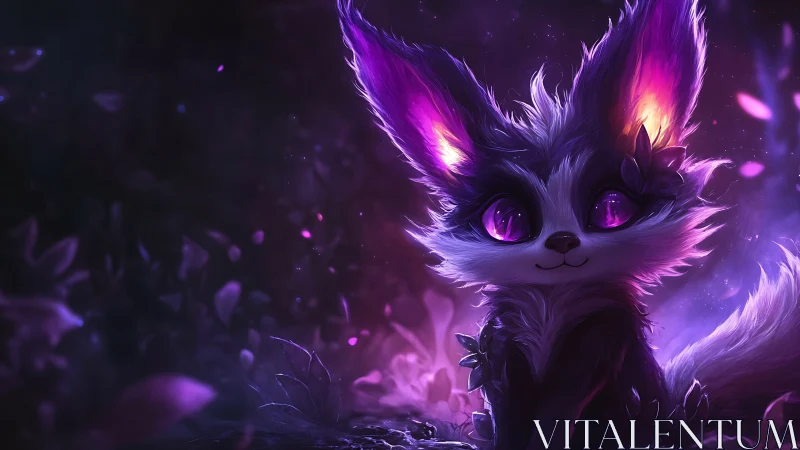 Luminescent fox sprite in violet bioluminescent forest.