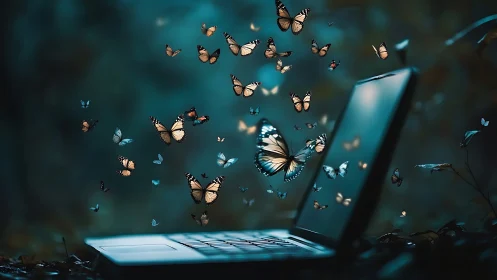 Bioluminescent butterflies emerging from open laptop at dusk