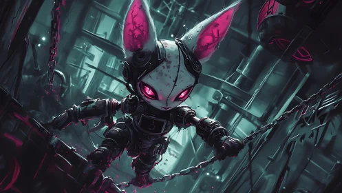 Cybernetic rogue rabbit in neon-industrial mech corridor.