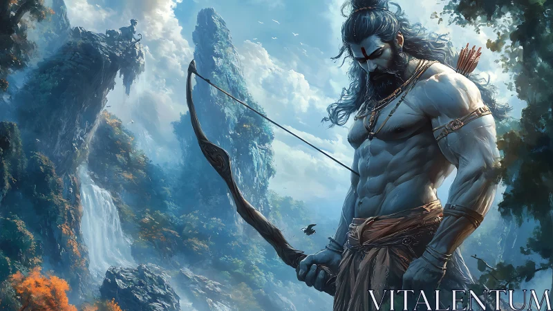 Stoic warrior archer stands calm amid misty sacred cliffs