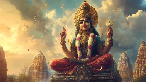 Radiant temple goddess afloat in sunrise-swept mystic clouds.