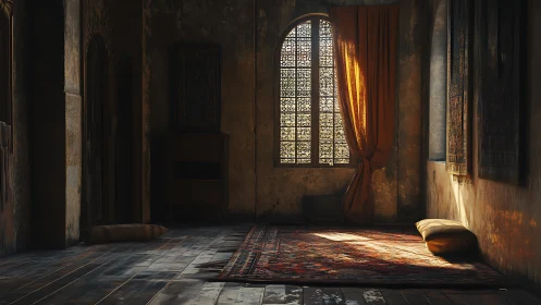 Sunlit oriental chamber with patterned lattice window geometry.