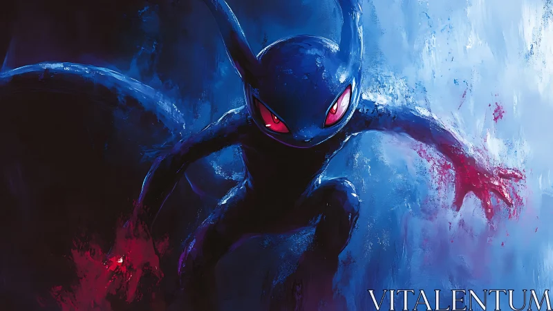 Dark stylized creature rendered in high-contrast blue and red