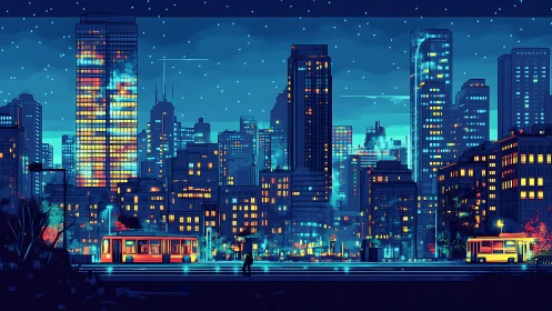 Neon-lit city skyline glows under a tranquil starry night.
