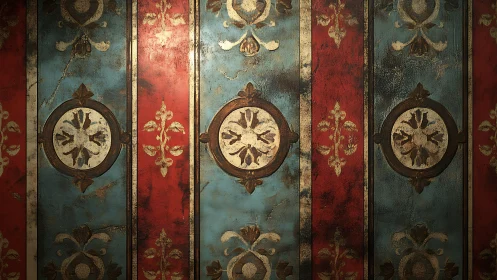 Aged baroque wall panels reveal distressed ornamental pattern